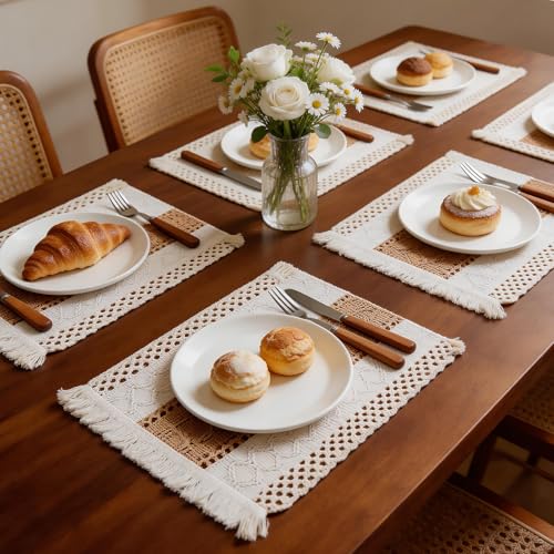 Boho Placemat Set - 6 Rustic 11.8 x 19 Inch Table Mats with Macrame Tassels