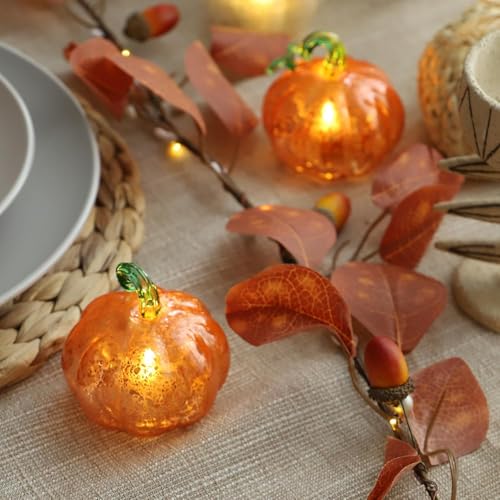 Orange Glass Pumpkin Lights Set of 3 - Fall Halloween Thanksgiving Decor