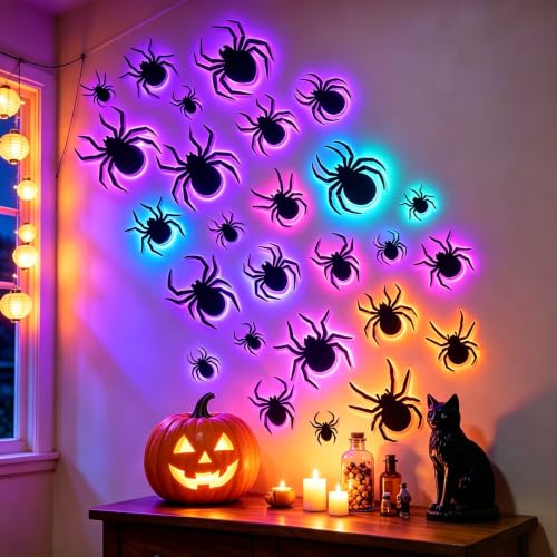 DIYASY 36-Piece Multicolor Halloween Lighted Spider Wall Decor - 3D Light Up Spider Set