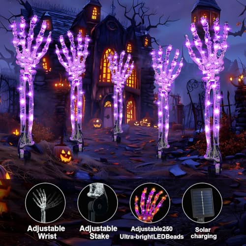 Solar Halloween Skeleton Hand Stakes - 5 Pack Purple & Orange LED Pathway Lights - Waterproof Outdoor Yard Decorations - Variation: Orange Skeleton Hands