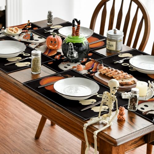 Black Rectangular Halloween Ghost Placemats Set of 4 - 12 x 18 Inches