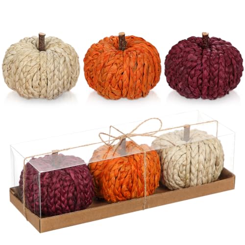 Fall Pumpkin Decor Set - 3 Woven Rattan Artificial Pumpkins for Autumn Home Decoration - White, Orange, Red