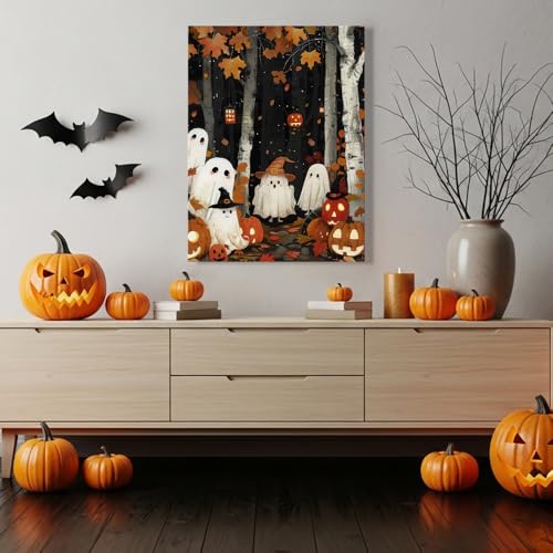 Halloween Ghost Wall Art Canvas - 24x32 Inch Framed Ghosts & Pumpkins Scene - Ghost Party Variation