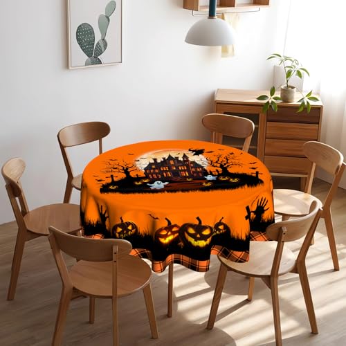 Halloween Castle Round 60 Inch Tablecloth - Pumpkin Ghost Witch Bat Fall Decor