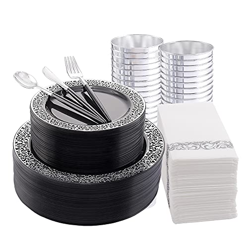Black Silver Lace Plastic Dinnerware Set for Wedding and Events - 350 Pieces, Variation: Black and Silver