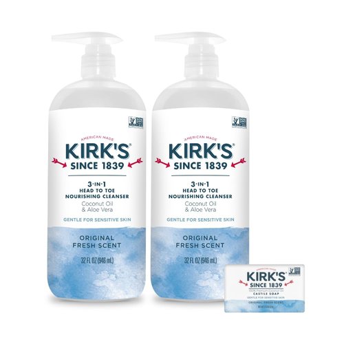 Kirk's 3-in-1 Head to Toe Nourishing Liquid Cleanser & Travel Size Bar Soap - for Men, Women & Children - Premium Coconut Oil and Aloe Vera- Non GMO & Vegan -Original Fresh Scent - 32 Fl Oz. 2 pack