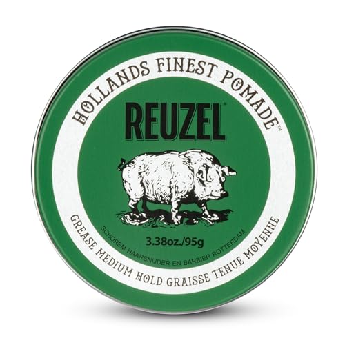 REUZEL Green Grease Pomade, Medium All Day Hold, Oil-Based Styling Wax, Medium Shine, Easy To Wash Out, For All Hair Types