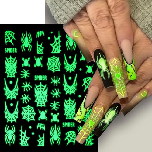 Halloween Glow in The Dark Nail Art Stickers 6 Sheets Ghost Skull Spider Bat Self-Adhesive