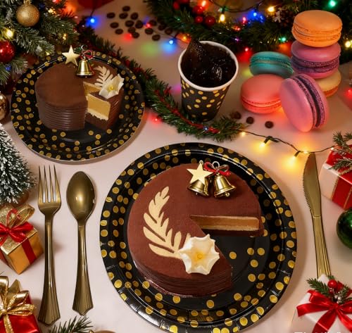 Black and Gold Disposable Party Plates Napkins Set for 50 Guests