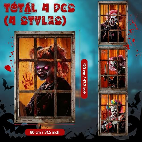 Halloween Window Curtains - Scary Clown Blood Pattern - 4 Pack, 80x120cm