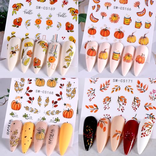 Fall Nail Stickers 6 Sheets Thanksgiving Nail Art Decals Pumpkin Maple Leaves Style 1