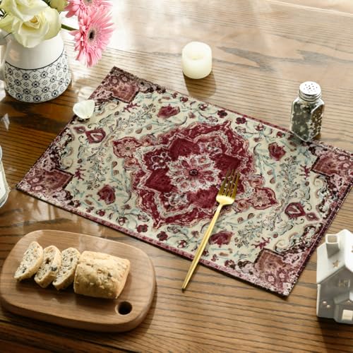 12x18 Inch Red Beige Boho Placemats Set of 4 - Rustic Farmhouse Table Decor