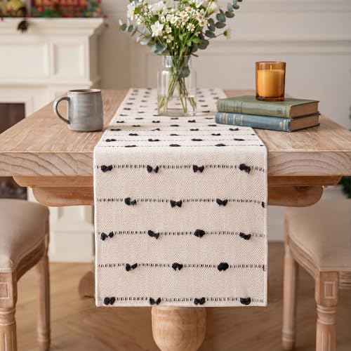 Black Boho Rustic Cotton Woven Table Runner 12x36 Inch for Dining & Holiday Decor