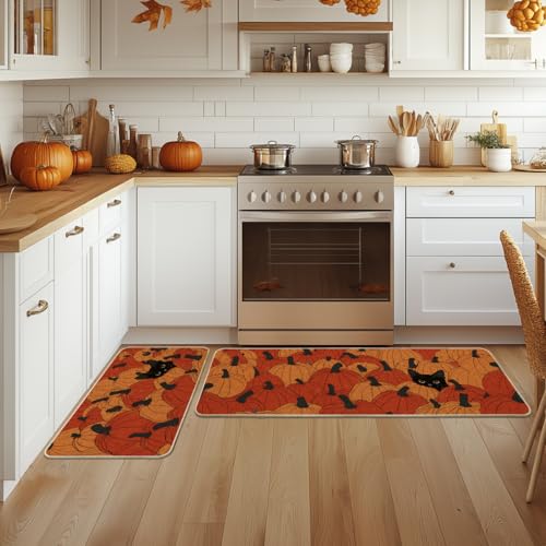 Black Cat Pumpkin Fall Kitchen Mats Set of 2 - Non-Slip Decorative Rug