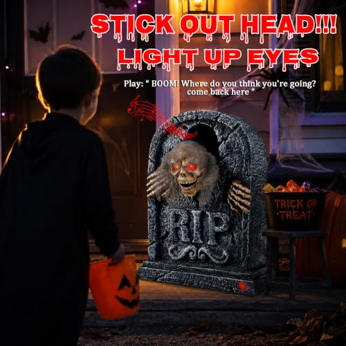 Motion Activated Halloween Animatronic Zombie Tombstone with LED Eyes & Creepy Voice - Indoor/Outdoor Decor