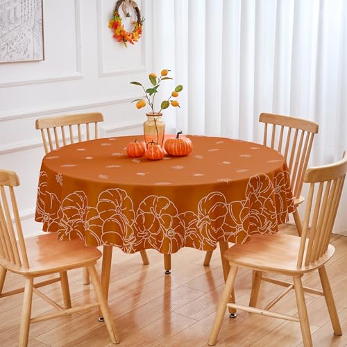 Fall Round Tablecloth 70 Inch Orange Thanksgiving Pumpkin Autumn Cover - Waterproof