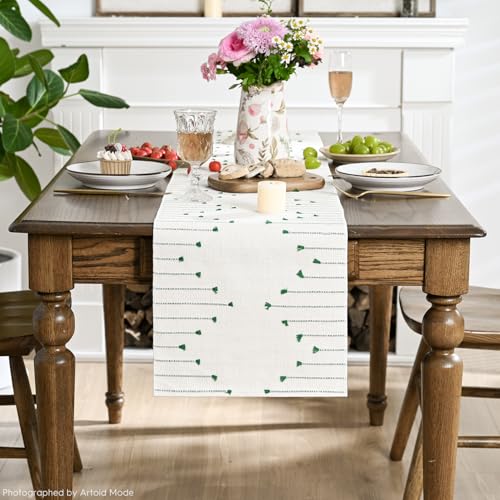 Dark Green Boho Table Runner 12x108 Inch for Farmhouse & Holiday Decor