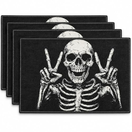 Halloween Skeleton Peace Sign Placemats Set of 4 - Spooky Table Decor for Fall Parties - Style4