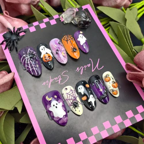 Halloween Press On Nails - Medium Almond Shape Ghost Pumpkin Spider Web Design - Variation of Fake Nails-21