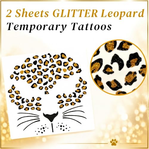 2 Sheets Glitter Leopard Face Tattoos for Women - Cheetah Costume Accessories