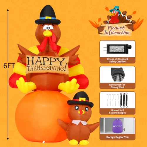 6 Ft Thanksgiving Inflatable Turkey Yard Decor with LED Lights for Outdoor Garden & Lawn