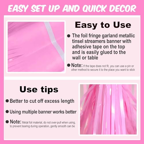 Macaron Pink Foil Fringe Garland - 6 Pack 10 Ft Party Wall Decor with Variation A