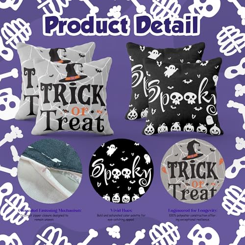 Halloween Pillow Covers 18x18 Black Skeleton Ghost Pumpkin Trick or Treat Decor Set - 2 PCS