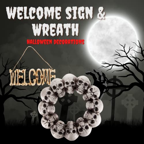 Halloween Skeleton Welcome Sign & Skull Wreath 2 Pack - Fall Door & Wall Decor