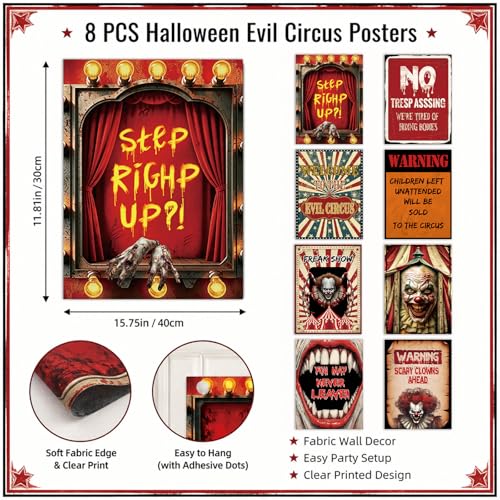8Pcs Creepy Clown Wall Posters - Haunted Carnival Horror Decorations