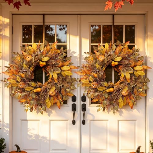 Fall Front Door Wreath 26 Inch Artificial Harvest Wreath with Maple Leaves and Pumpkins - Farmhouse Autumn Decor