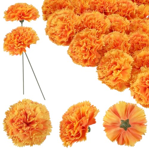 Artificial Silk Carnation Flower Heads with Stems - Orange Yellow, 24 Pack