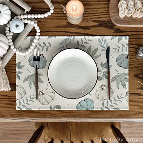 Blue Maple Leaf Fall Placemats Set of 4 - 12x18 Inch Autumn Table Decor, Rectangular, Beige & Blue