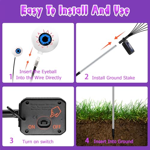 Kohlrabi Halloween Outdoor Decorations - Purple 4 Pack Solar Swaying Eyeball Lights