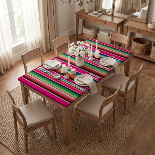 Pink Fitted Tablecloth for 5ft Rectangle Tables - Mexico Fiesta Stripe Vintage - 68x28 Inches