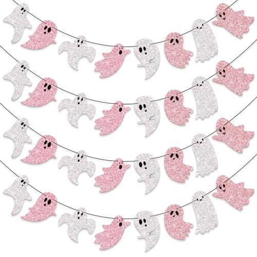 Pink Halloween Ghost Garland Banner - 8.2 ft, Glitter, 4 Pieces, Variation 4