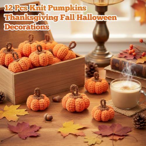 12 Pcs Fall Knit Pumpkins - Orange Thanksgiving Decor, 2 Inch Set