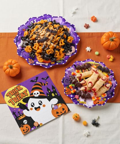 Halloween Heavy-Duty Paper Plates and Napkins Set - Dark Purple, Curved 9inch & 7inch - Spooky Gothic Party Supplies - 150 Pieces