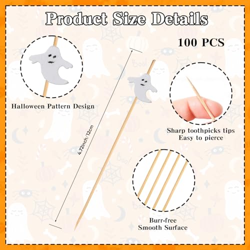 Ghost Halloween Toothpicks 100PCS - Long Bamboo Food Skewers for Appetizers & Drinks