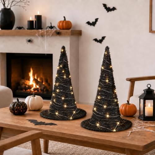 2Pcs Halloween Rattan Witch Hat Decor with String Lights - Indoor Outdoor Party Table Centerpieces