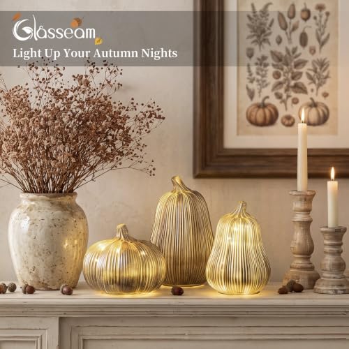 Gold Glass Pumpkin Lights with Timer - Set of 3 Halloween Decor