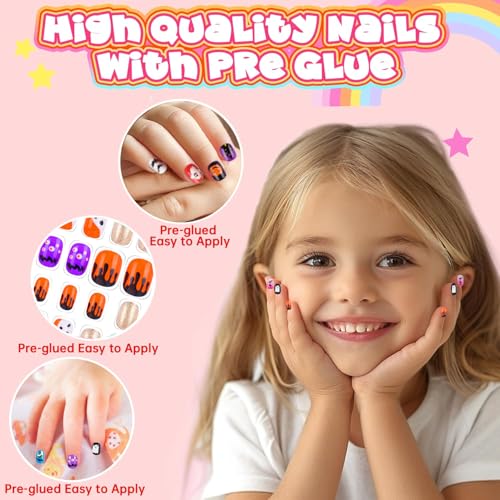 Kids Press On Nails Set with Halloween Pattern - 144 Fake Nail Tips for Girls, Short & Full Cover