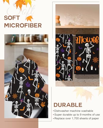 Halloween Microfiber Kitchen Towels Set of 2 - Skull & Pumpkin Design - Dance Skull Variation