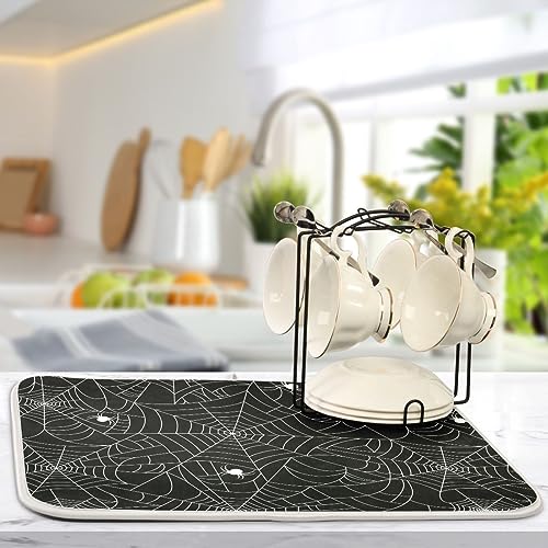 Halloween Spooky Spider Web Dish Drying Mat 18x24 Inch Microfiber Reversible Kitchen Accessory - Happy Halloween