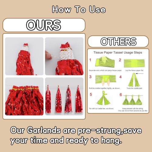 Red Metallic Foil Tassel Garland - 3 Pack Party Streamers for Weddings Celebrations