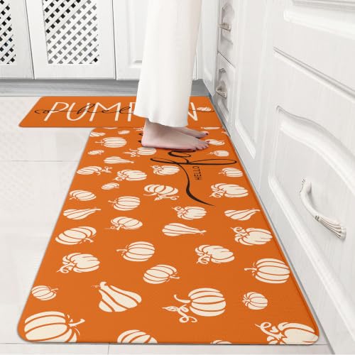 Autumn Pumpkin Kitchen Rug Set - Waterproof Non-Slip Anti-Fatigue Mats, 17.3x29 + 17.3x47 Inches - Orange, Rectangular, 0.4H