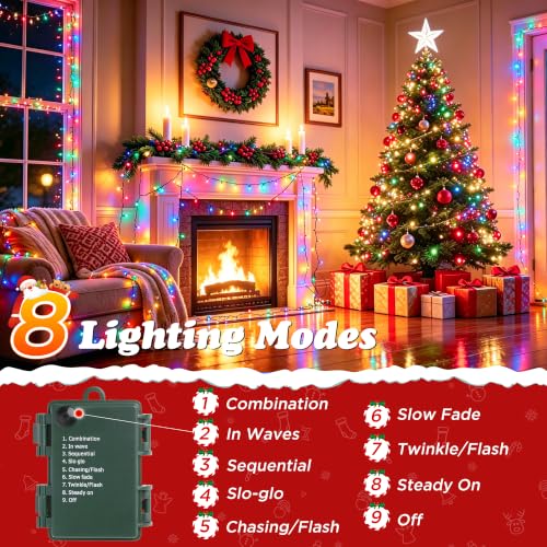 Multicolor Battery Operated Christmas String Lights - 132FT 300 LEDs Outdoor Indoor with 8 Modes & Timer