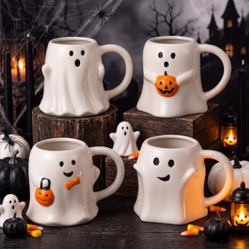 Halloween Ghost Coffee Mug Set - 14 oz Ceramic Stackable Cute Ghosts & Pumpkins - 4 Pack