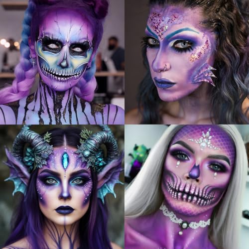 Purple Face Body Paint for Halloween Makeup - Goth Black White Foundation, Light Purple & Purple Variations