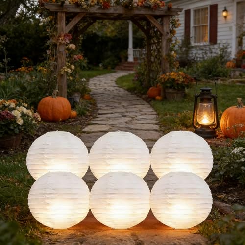 12-Inch White Paper Lanterns with LED Lights - Reusable Wedding & Party Decor (6 Pack)