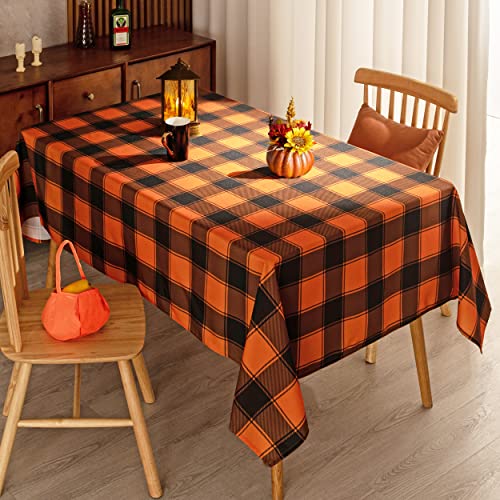 84x60 Inch Checkered Halloween Tablecloth - Waterproof & Washable Gingham Orange/Black